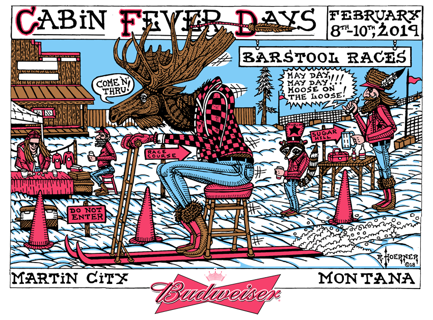 2019 Cabin Fever Days Poster. Artwork by Rocky Hoerner